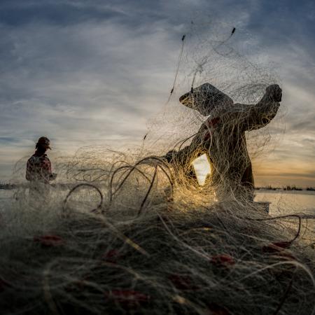 Tangle of nets on an ordinary day at the fishing village of Mui Ne, Vietnam. January 2018.